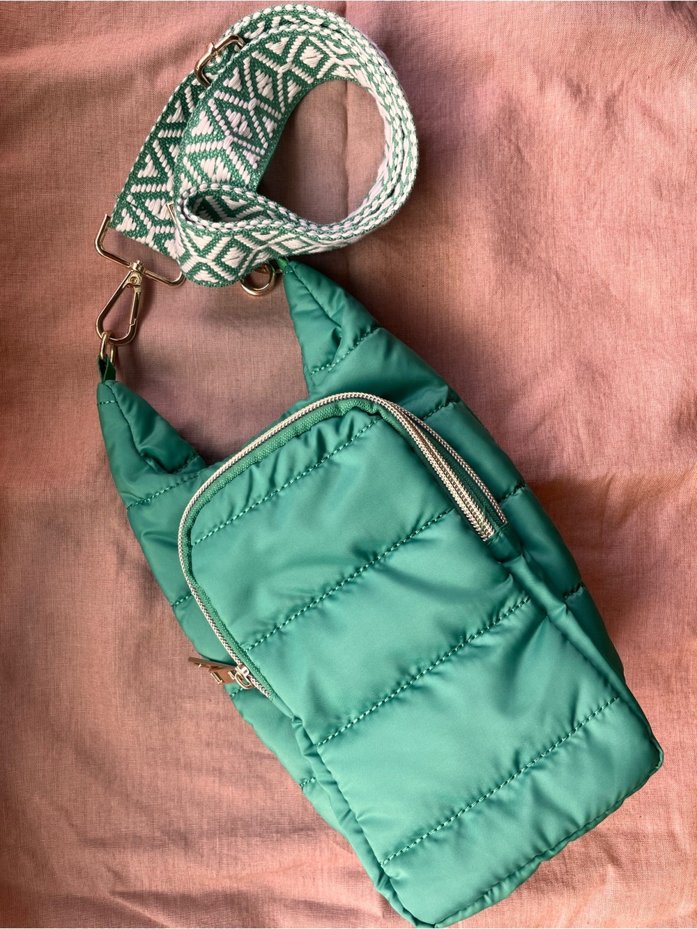 Quilted Green Crossbody Bag with Patterned Strap